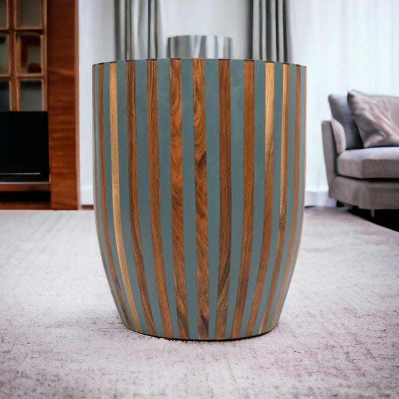Handcrafted Moroccan Walnut Side Table – Barrel-Shaped Resin Inlay