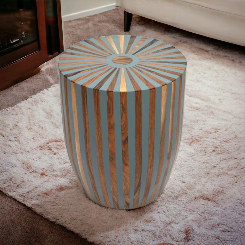 Handcrafted Moroccan Walnut Side Table – Barrel-Shaped Resin Inlay