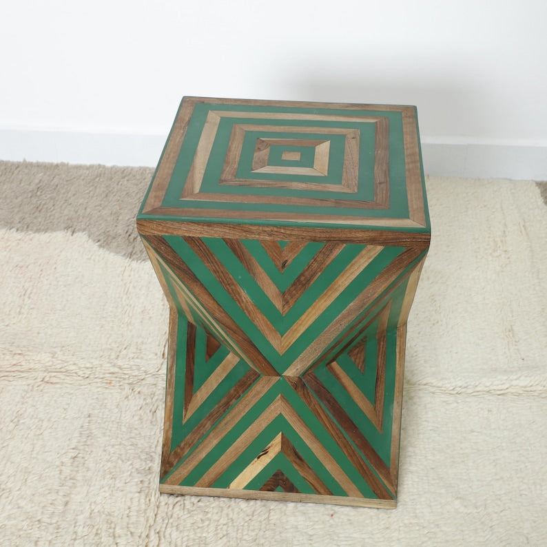 Handmade Bone Inlay Side Table – Moroccan Striped Accent Table | Artisanal Marquetry Craft