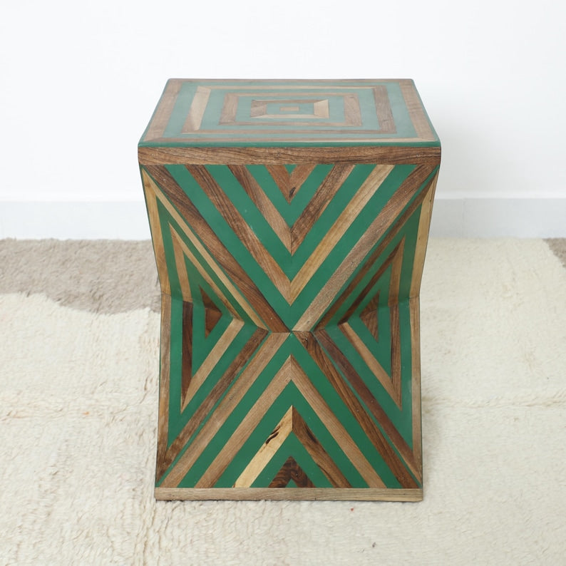 Handmade Bone Inlay Side Table – Moroccan Striped Accent Table | Artisanal Marquetry Craft