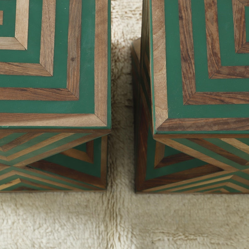 Handmade Bone Inlay Side Table – Moroccan Striped Accent Table | Artisanal Marquetry Craft