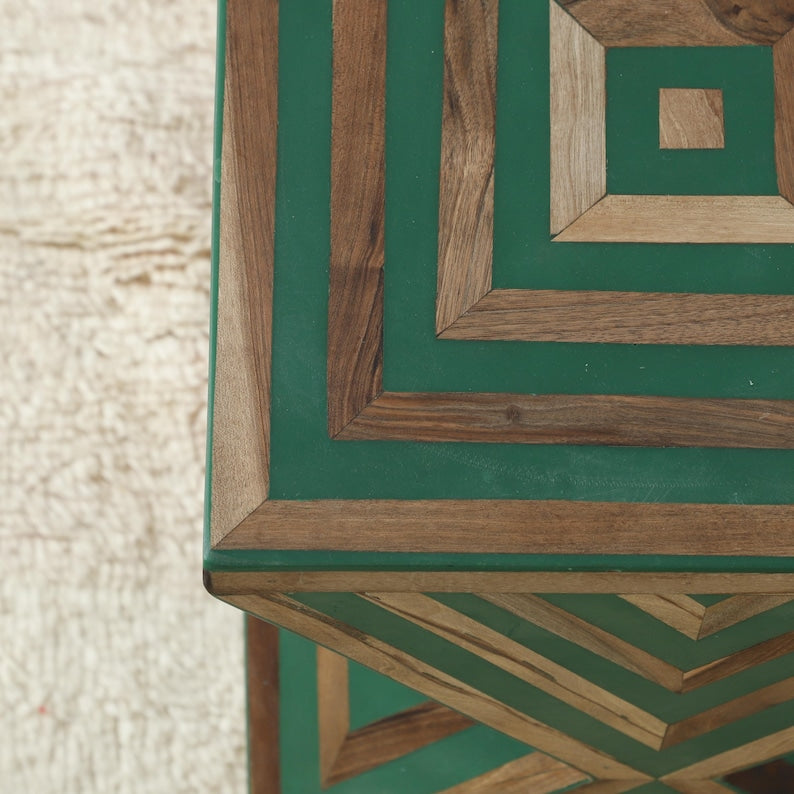 Handmade Bone Inlay Side Table – Moroccan Striped Accent Table | Artisanal Marquetry Craft