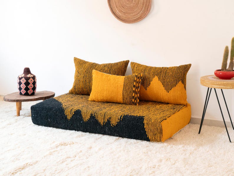 Handmade Moroccan Kilim Sofa Set – Unpadded Floor Cushion with Decorative Pillows