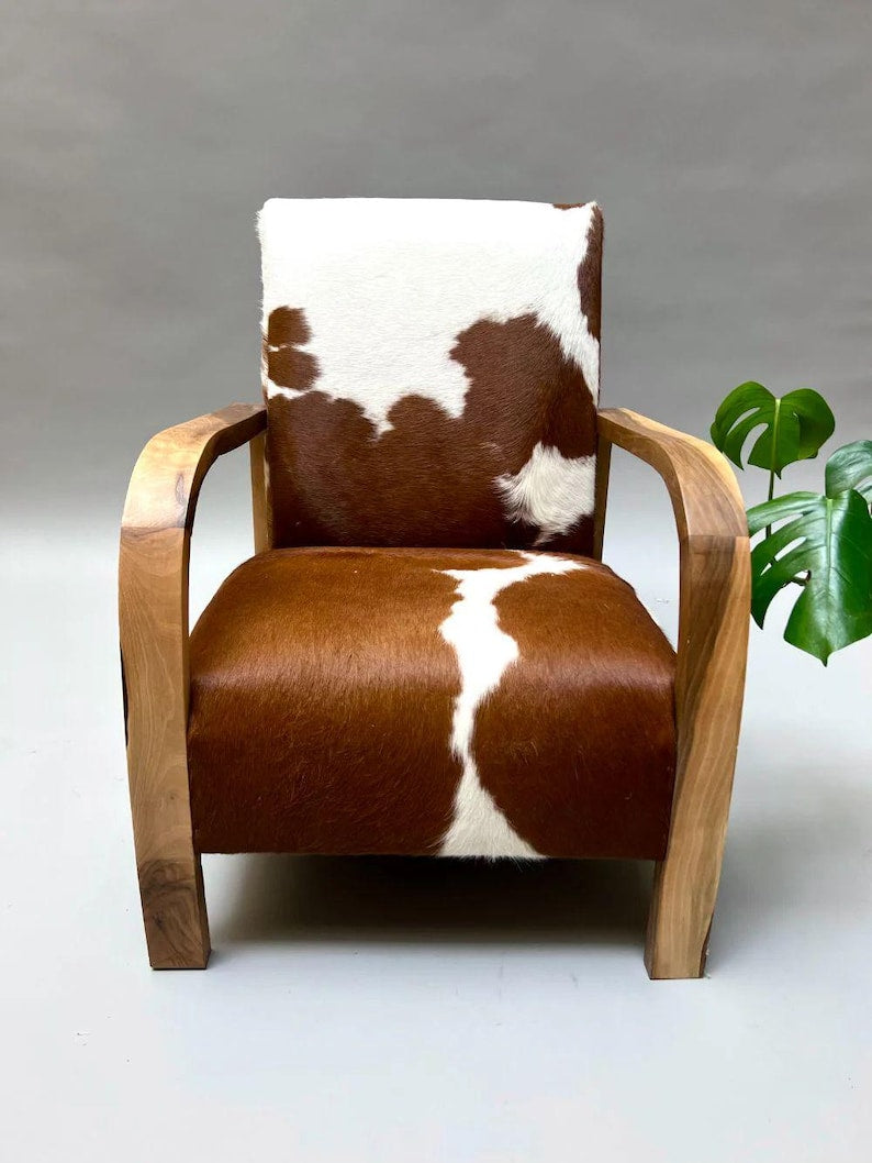 Genuine Cowhide Leather Armchair – Mid-Century Modern Walnut Frame Accent Chair | Custom Upholstery Available