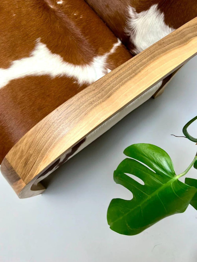Genuine Cowhide Leather Armchair – Mid-Century Modern Walnut Frame Accent Chair | Custom Upholstery Available
