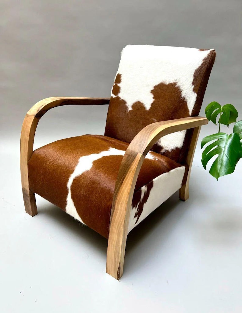 Genuine Cowhide Leather Armchair – Mid-Century Modern Walnut Frame Accent Chair | Custom Upholstery Available