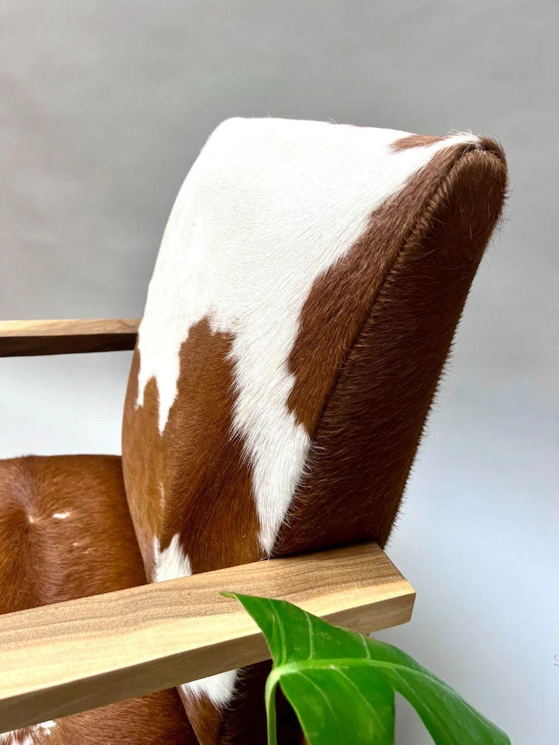 Genuine Cowhide Leather Armchair – Mid-Century Modern Walnut Frame Accent Chair | Custom Upholstery Available