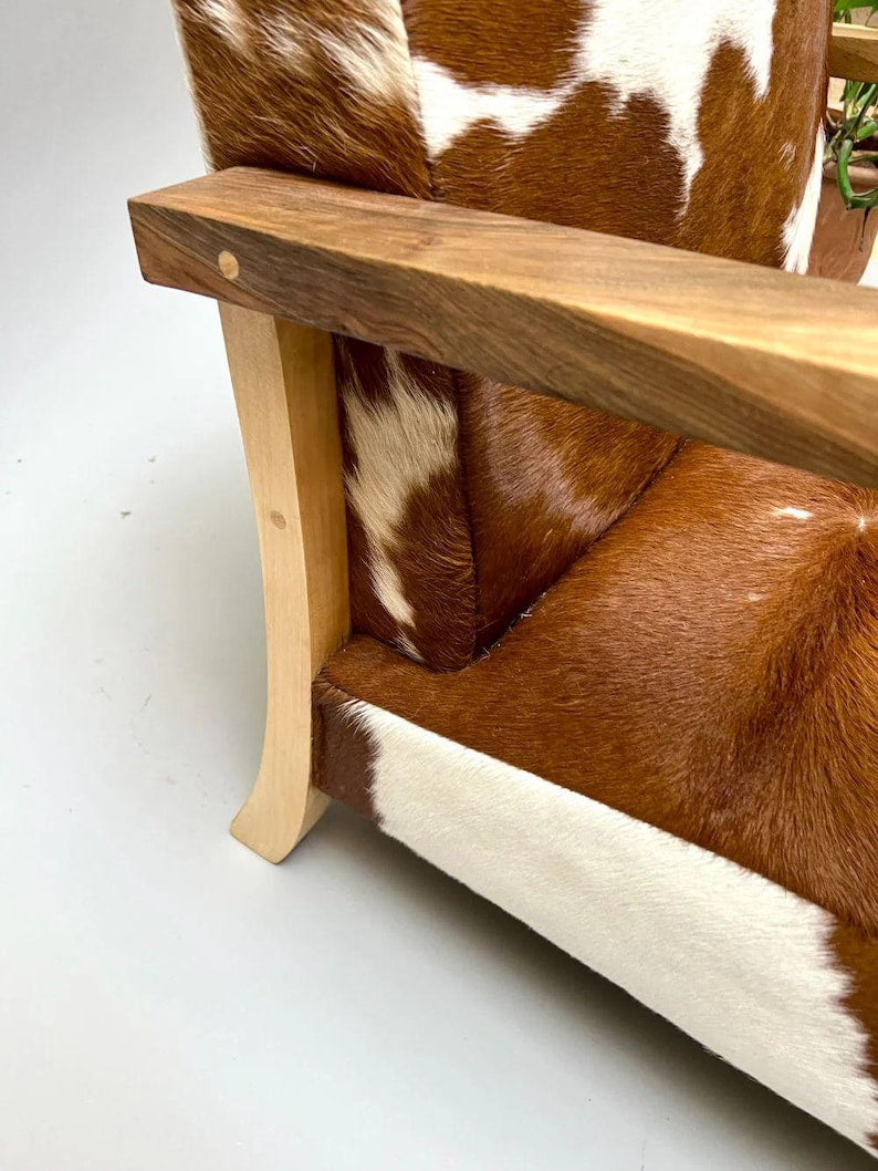 Genuine Cowhide Leather Armchair – Mid-Century Modern Walnut Frame Accent Chair | Custom Upholstery Available