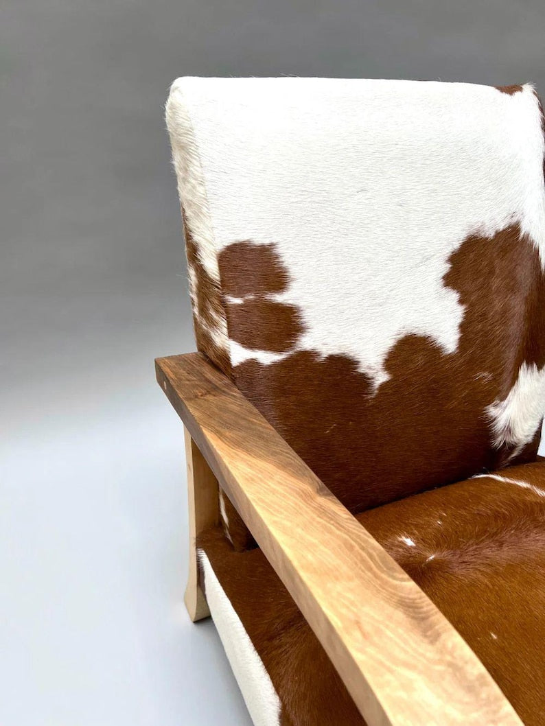Genuine Cowhide Leather Armchair – Mid-Century Modern Walnut Frame Accent Chair | Custom Upholstery Available
